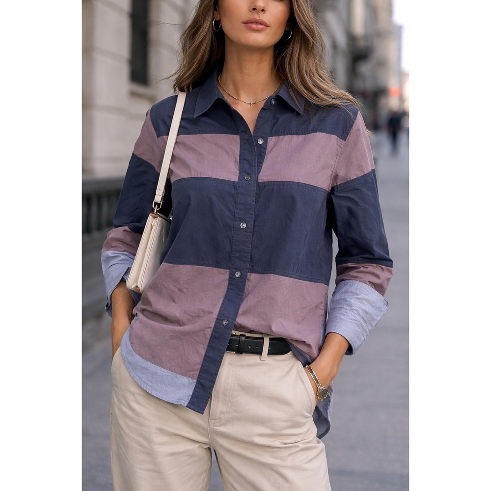 Derek Lam‎ 10 Crosby Colorblock Button Down Shirt Navy Mauve Blue Cotton Blend